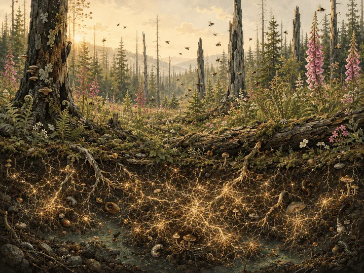 A richly detailed isometric cross-section of a regenerating temperate forest after wildfire. Above ground, silver-charred tree trunks stand among carpets of moss, unfurling ferns, foxgloves, fireweed, and young conifers growing from fallen nurse logs in warm morning light. Dozens of honeybees drift independently through the flowers, their scattered flight paths hinting at a larger collective rhythm. Below the forest floor, an intricate amber-glowing mycelial network spreads between tree roots, stones, mushrooms, insects, and underground pools, revealing the hidden living infrastructure that connects the ecosystem. Rendered in a tactile editorial illustration style with layered paper textures and muted botanical colors, the scene evokes emergence, resilience, and distributed intelligence through nature rather than technology.