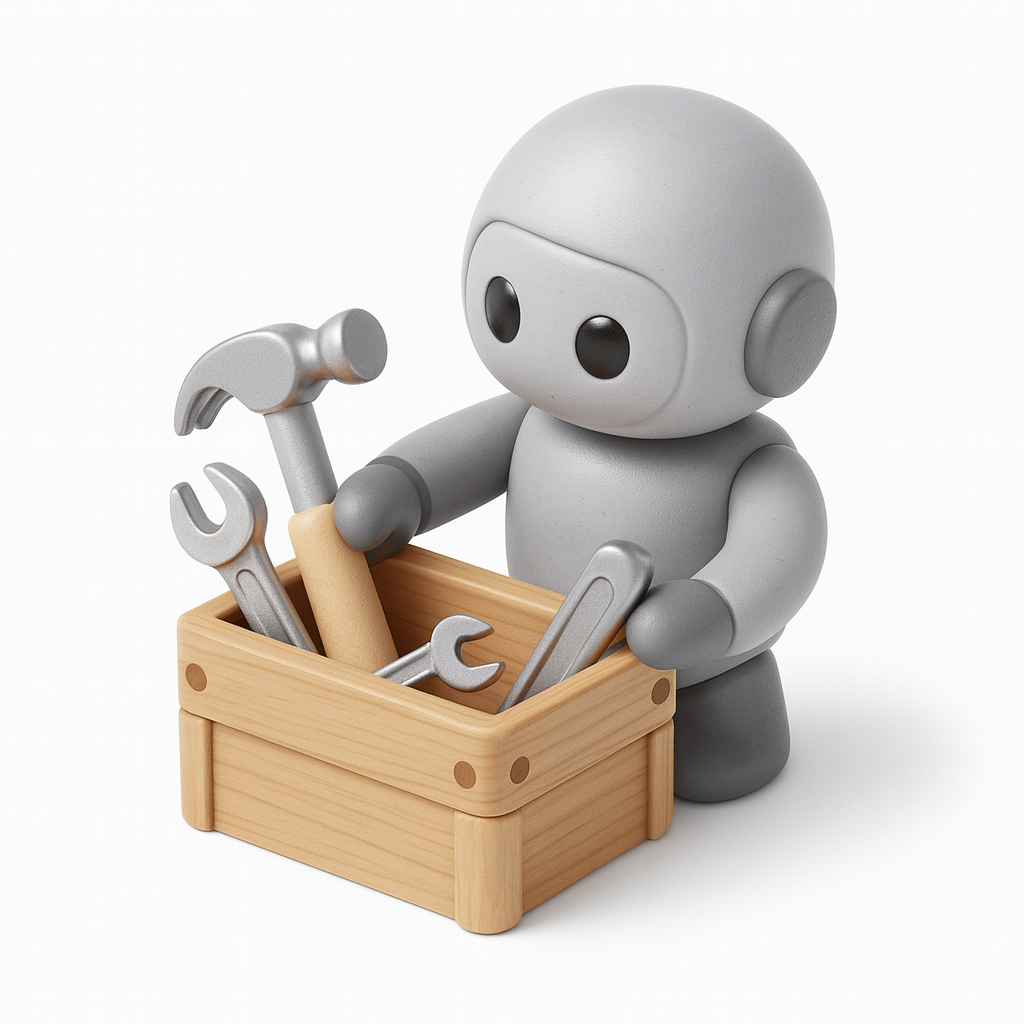 A 3D-rendered, diorama-style illustration shows a small, rounded robot with glossy black eyes sorting through a wooden crate filled with hand tools. The robot holds a hammer in one hand, with other tools like wrenches and a screwdriver neatly arranged in the crate. The scene features soft, neutral studio lighting and warm, natural tones, creating a minimal, premium look.
