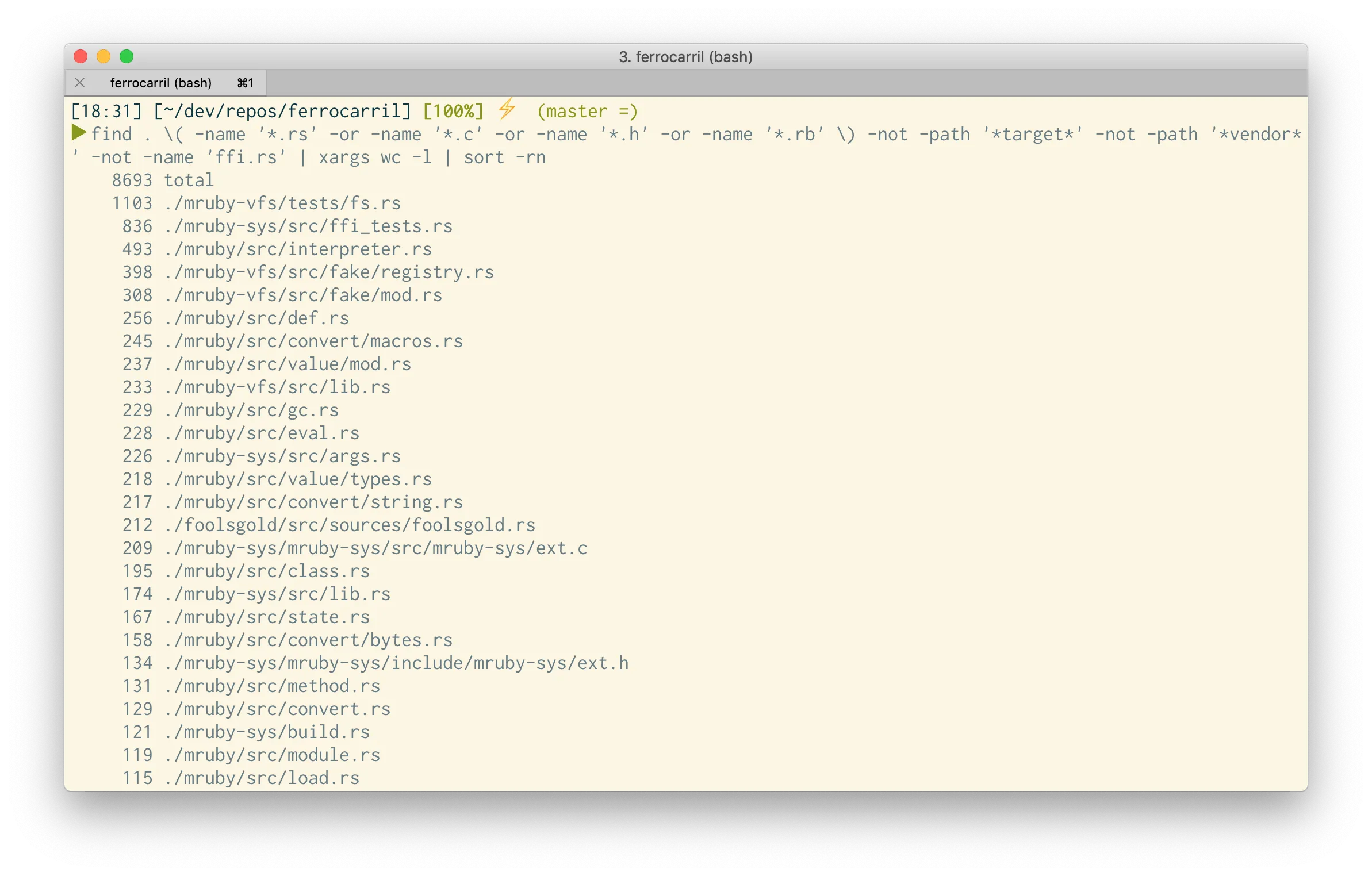 Terminal showing a line-count report for the Ferrocarril repository, totaling 8,693 lines across Rust, C, and Ruby files.