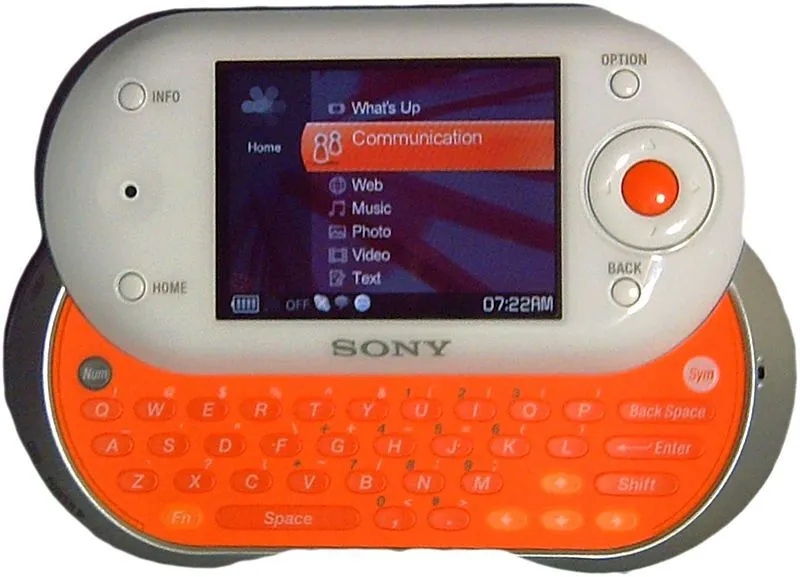 White Sony mylo handheld communicator with an orange slide-out QWERTY keyboard.