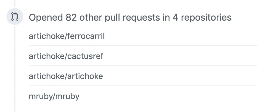 GitHub activity summary reading “Opened 82 other pull requests in 4 repositories,” followed by repository names.