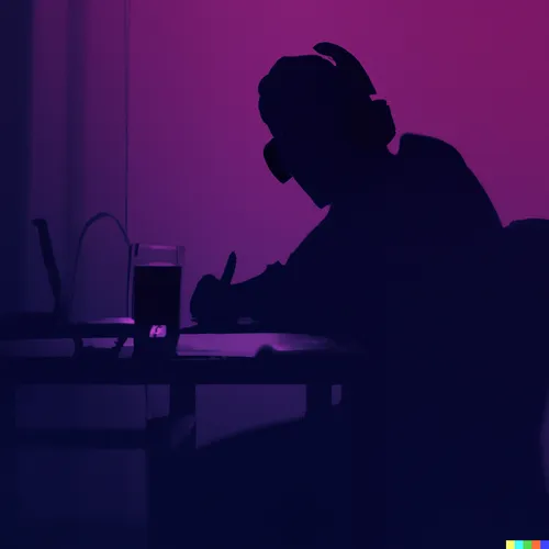 Vaporwave silhouette working at a desk, headphones, noir energy.