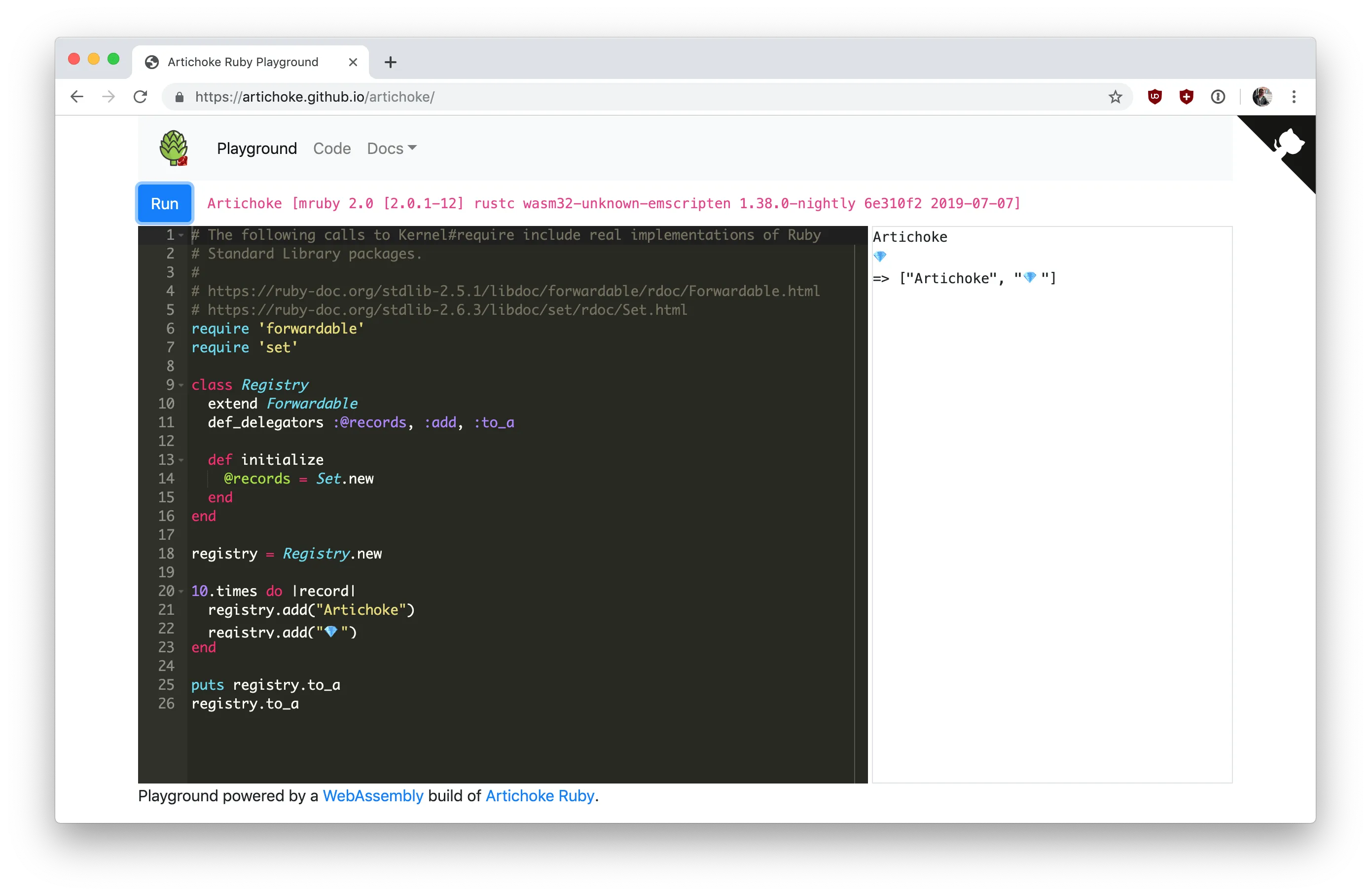 Artichoke Ruby Playground in a browser, with Ruby code on the left and its output on the right.