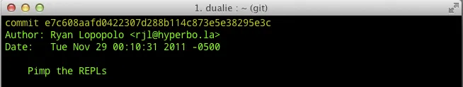 Terminal showing a Git commit by Ryan Lopopolo with the message “Pimp the REPLs.”
