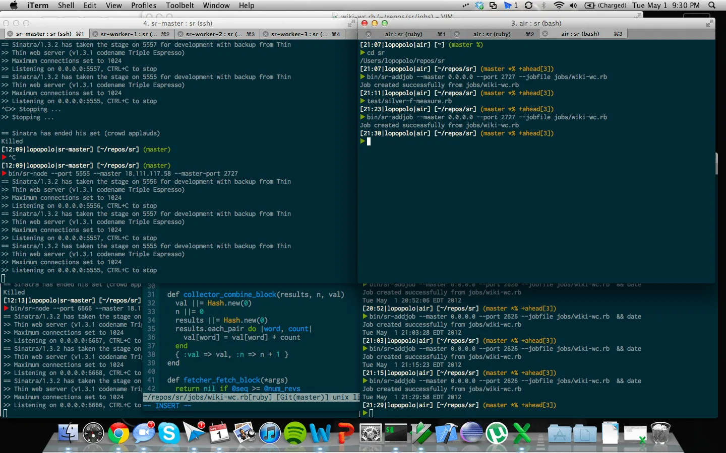 Mac desktop crowded with overlapping terminal and Vim windows running development experiments.