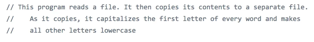 Three code comments explain a program that copies a file while capitalizing the first letter of each word.