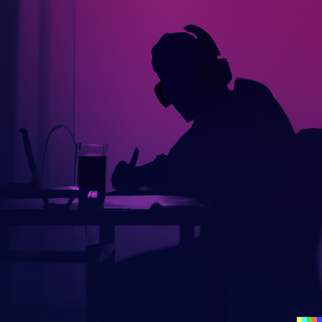 Vaporwave silhouette working at a desk, headphones, noir energy.
