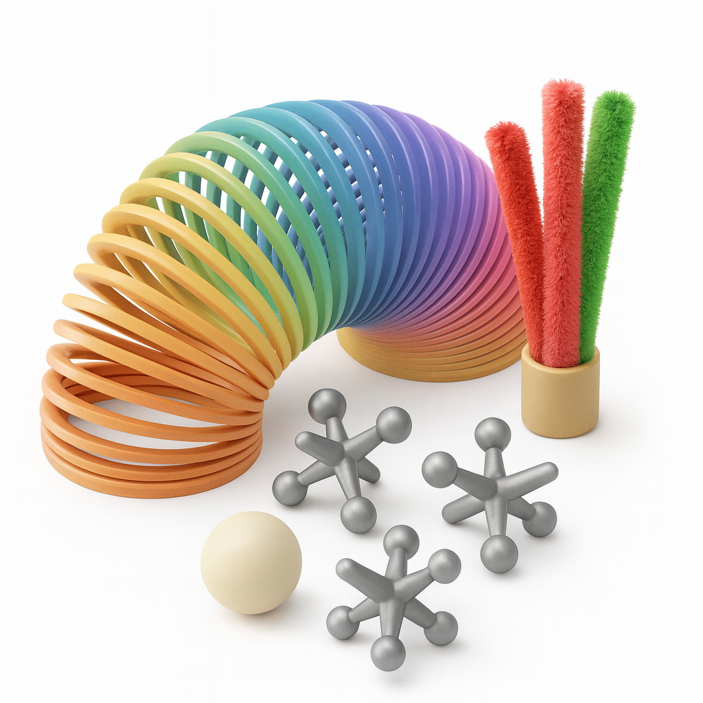 A 3D isometric illustration of nostalgic toys on a white background. The image features a rainbow-colored plastic slinky arched in the center, a group of four silver jacks with a cream-colored rubber ball, and three fuzzy pipe cleaners (two red and one green) standing upright in a small beige cup. The design has a soft handcrafted realism and a premium, emoji-like aesthetic.